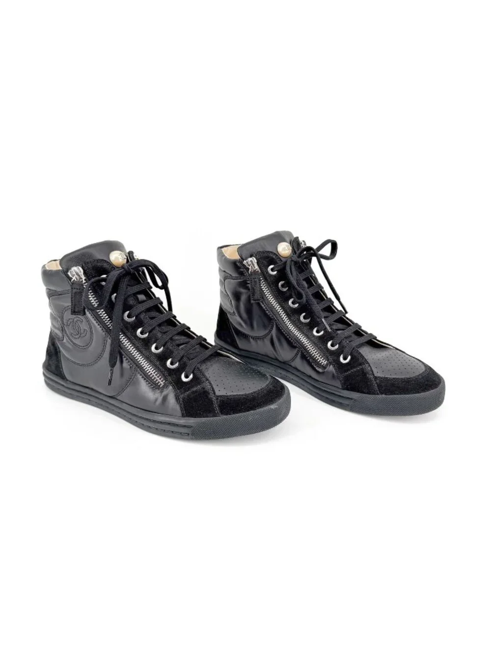 Chanel CC Pearl High Top Sneakers Black Size 38 US 7-7.5 Women's Quilted Nylon